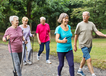 group of adults walking and talking